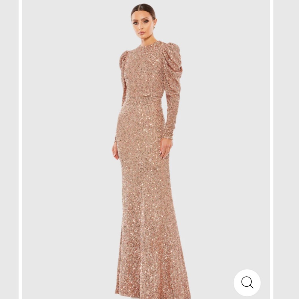 NWT SEQUINED HIGH NECK PUFF LONG SLEEVE COLUMN GOWN SIZE 14 Rose Gold/Copper